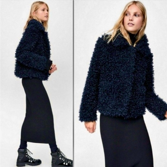 Zara Navy Blue Faux Shearling Teddy Coat Sz. Large *RARE/BLOGGER FAVE* - Picture 2 of 10
